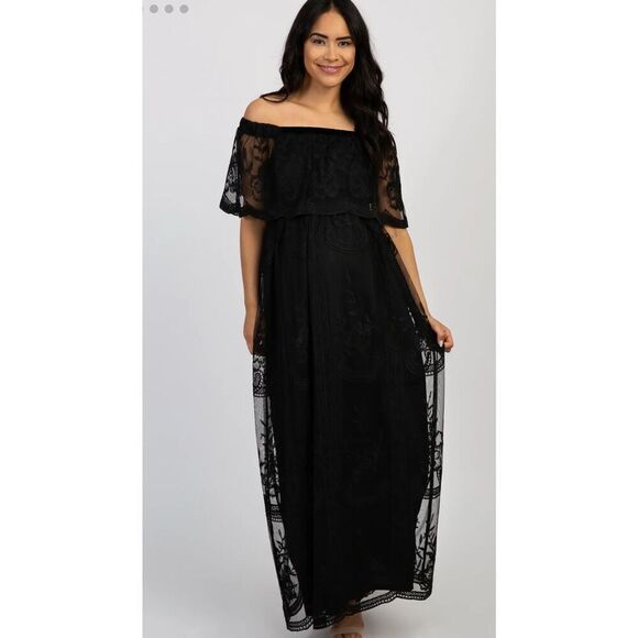 Pinkblush Black Lace Mesh Overlay Off Shoulder Maternity Maxi Dress Size Small - Picture 1 of 10